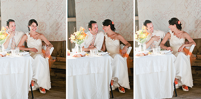couple laughing during toasts