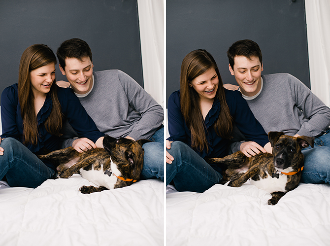 engagement photo at home with dog